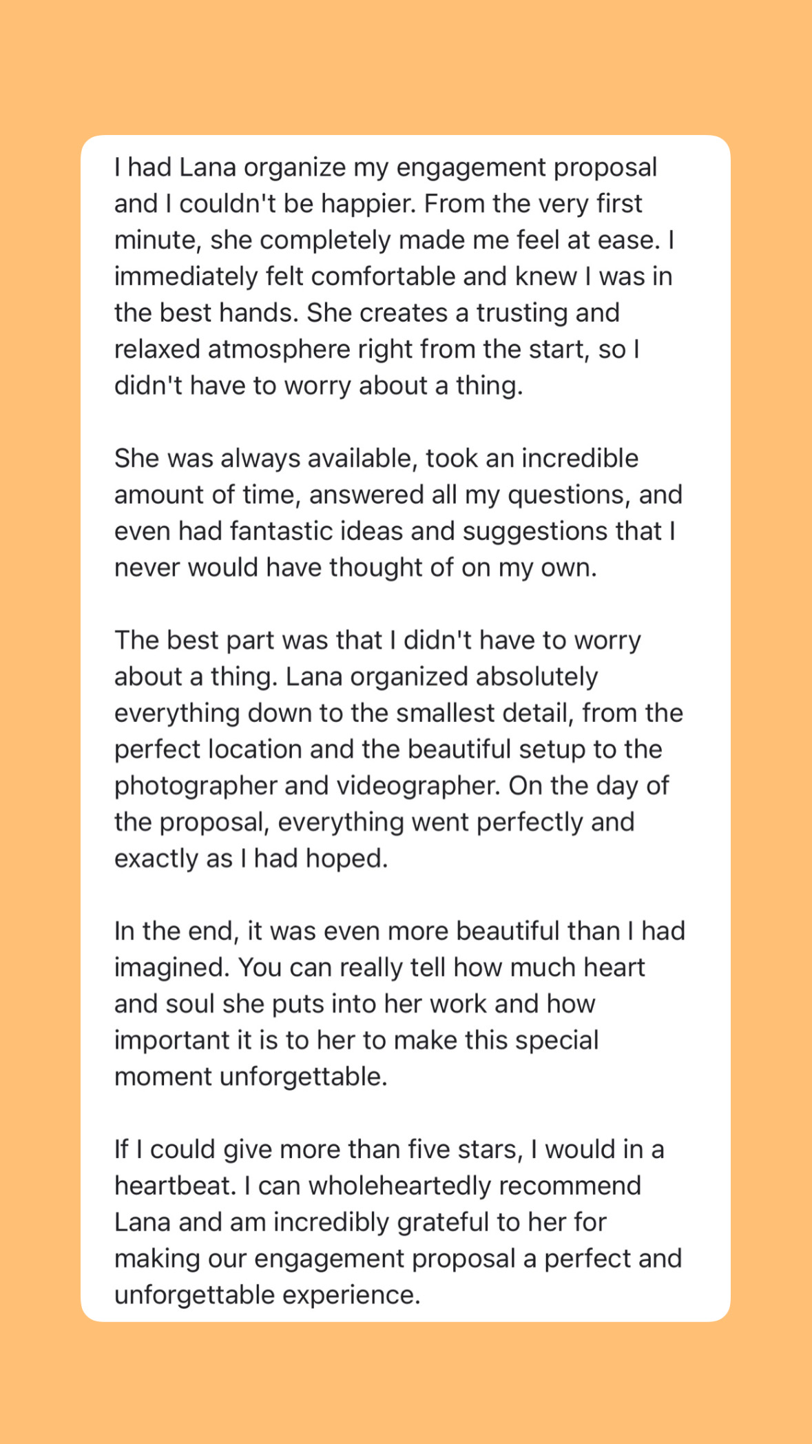 Detailed engagement proposal review and testimonial for Wed Space Crete