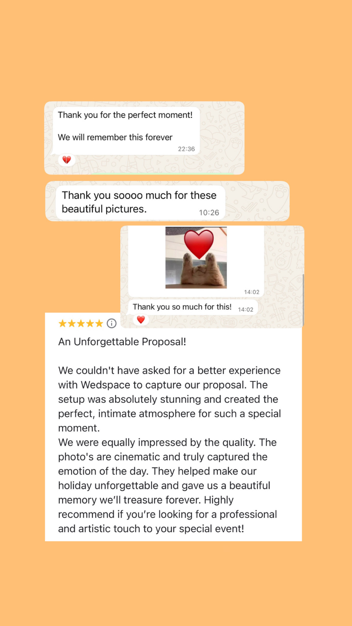 Client testimonial on Google Maps about romantic proposal organization in Crete by Wed space Crete.
