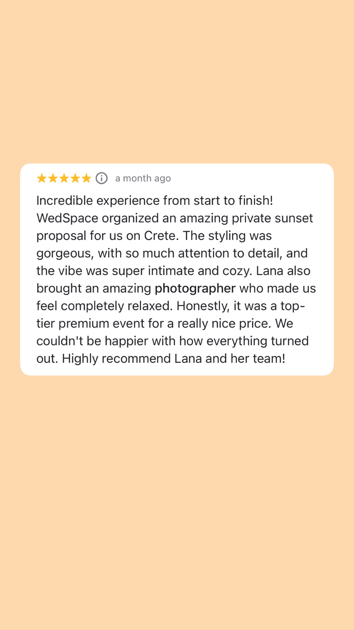 Client review about WedSpace Crete marriage proposal planning