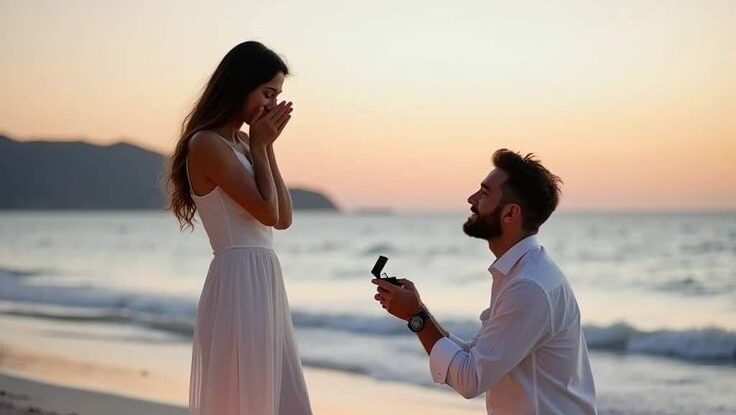 Romantic wedding proposal in Crete at sunset — man kneeling with a ring, surrounded by flowers and candles by the sea. Magical proposals with WedSpace.