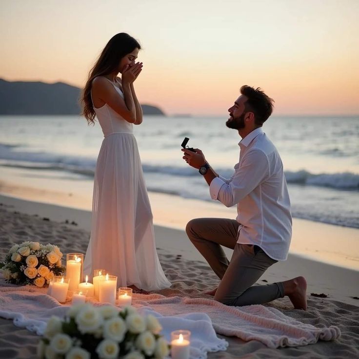 Romantic wedding proposal in Crete at sunset — man kneeling with a ring, surrounded by flowers and candles by the sea. Magical proposals with WedSpace.