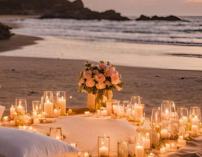 Sunset sea view proposal setup in Crete — cozy area with flowers, lit candles, and cushions for an unforgettable proposal experience.