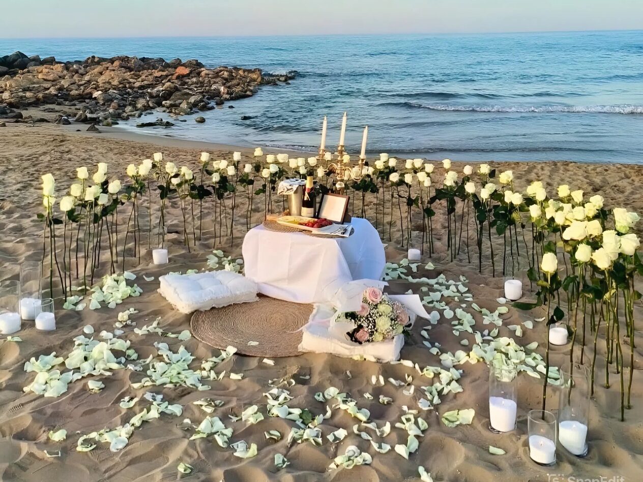 Minimalist romantic beach marriage proposal setup by WedSpace on Crete⁠